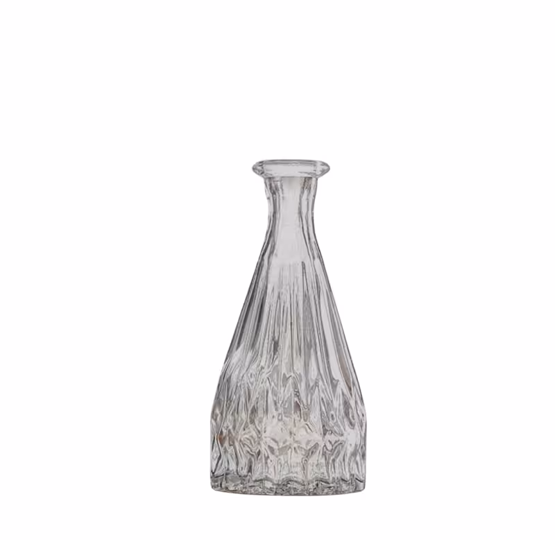 Mini Clear Glass Flower Vase Type E with wide textured body, vertical ribbed pattern, and narrow flared neck