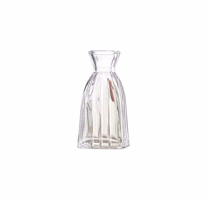 Mini Clear Glass Flower Vase Type F with vertical ribbed panels, wide bell-shaped body, narrow square base, and flared rim