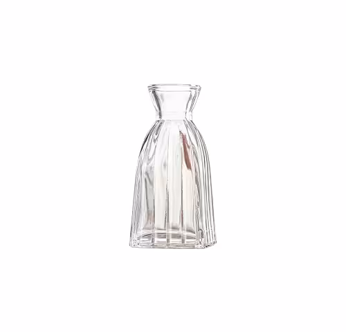 Mini Clear Glass Flower Vase Type F with vertical ribbed panels, wide bell-shaped body, narrow square base, and flared rim