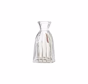 Mini Clear Glass Flower Vase Type F with vertical ribbed panels, wide bell-shaped body, narrow square base, and flared rim