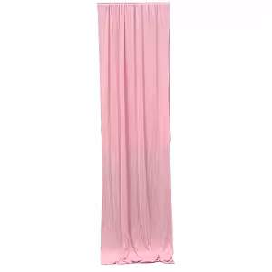 Stretchable Pink Colour Drape Backdrop Fabric hung in soft vertical folds, light pink smooth stretch material pooling slightly at the base