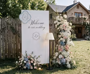 Pleated Fabric Floor Lamp (Black) styled at an outdoor wedding backdrop beside a floral column and welcome signboard