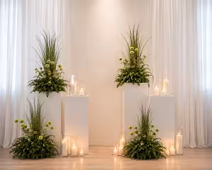 Grassy Green Artificial Floor Flowers styled as altar decor flanking white pedestals, paired with candles and fern foliage in a bright draped venue