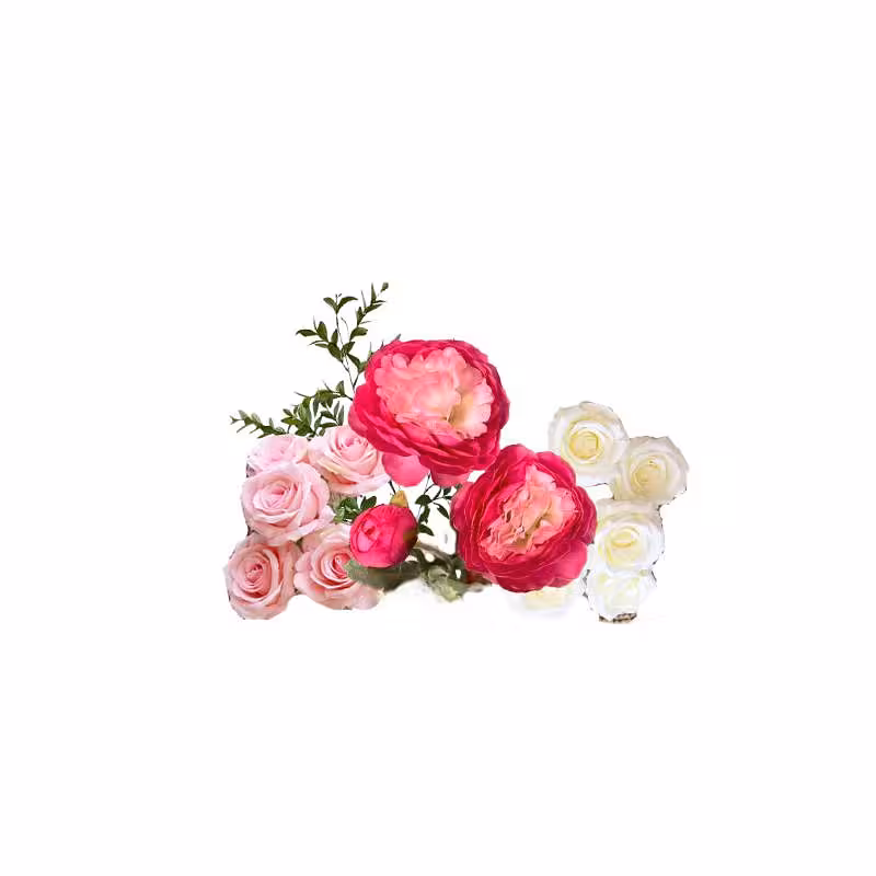 Sweet Garden Artificial Table Flower S isolated on white showing hot pink peonies, blush roses, cream roses, and delicate green leaf sprigs