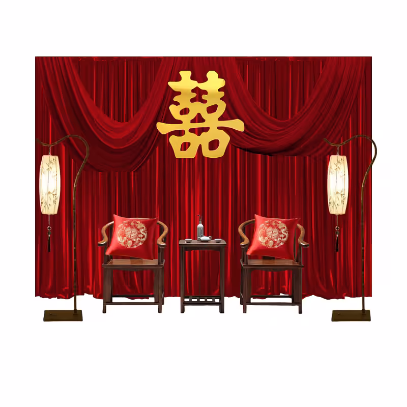 Modern Oriental Backdrop Tea Ceremony Set with red draped curtain, gold double-happiness symbol, dark wood chairs with red embroidered cushions, and flanking lantern floor lamps