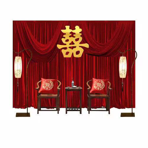 Modern Oriental Backdrop Tea Ceremony Set with red draped curtain, gold double-happiness symbol, dark wood chairs with red embroidered cushions, and flanking lantern floor lamps