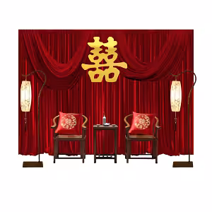 Modern Oriental Backdrop Tea Ceremony Set with red draped curtain, gold double-happiness symbol, dark wood chairs with red embroidered cushions, and flanking lantern floor lamps