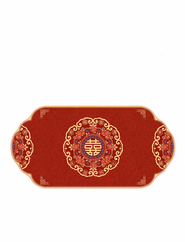 Red rectangular floor carpet with rounded corners featuring a gold Double Happiness symbol, floral medallion, cloud swirl pattern and Chinese blessing characters