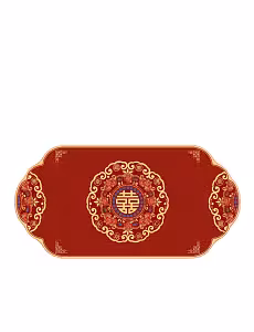 Red rectangular floor carpet with rounded corners featuring a gold Double Happiness symbol, floral medallion, cloud swirl pattern and Chinese blessing characters