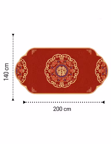 Dimension diagram of the Double Happiness Blessing Floor Carpet showing 200 x 140 cm size with gold-bordered concave-corner shape and central medallion