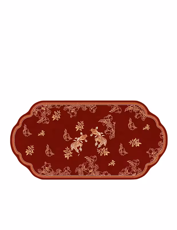 Abundant Blessings Floor Decorative Carpet in deep red with gold koi fish and floral motifs, oval scalloped border edge
