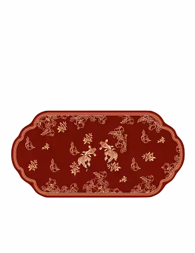 Abundant Blessings Floor Decorative Carpet in deep red with gold koi fish and floral motifs, oval scalloped border edge