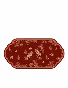 Abundant Blessings Floor Decorative Carpet in deep red with gold koi fish and floral motifs, oval scalloped border edge