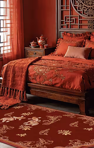 Abundant Blessings Floor Decorative Carpet styled in a Chinese bridal bedroom, gold koi and floral motifs visible at foreground angle