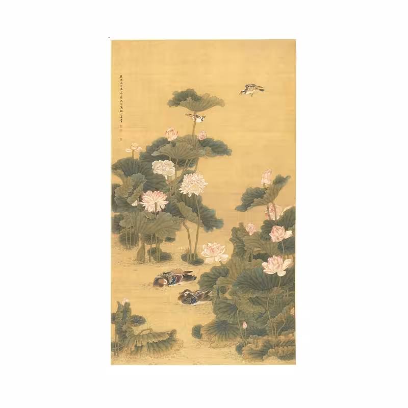 Ancient Chinese Ducks in Lotus Pond Ink Painting Background Hanging Cloth