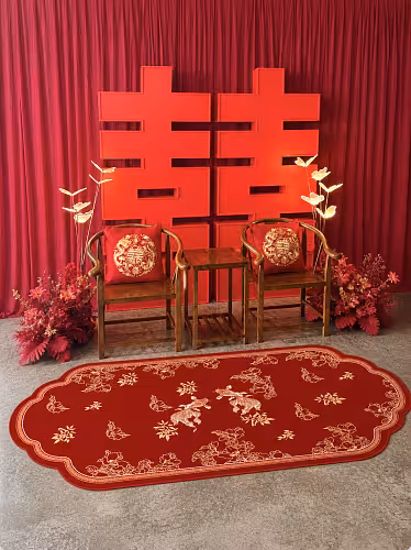 Abundant Blessings Floor Decorative Carpet laid before a Chinese tea ceremony vignette with double-happiness backdrop and wooden chairs