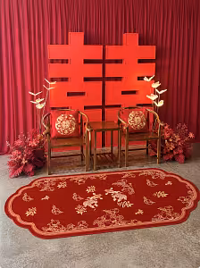 Abundant Blessings Floor Decorative Carpet laid before a Chinese tea ceremony vignette with double-happiness backdrop and wooden chairs
