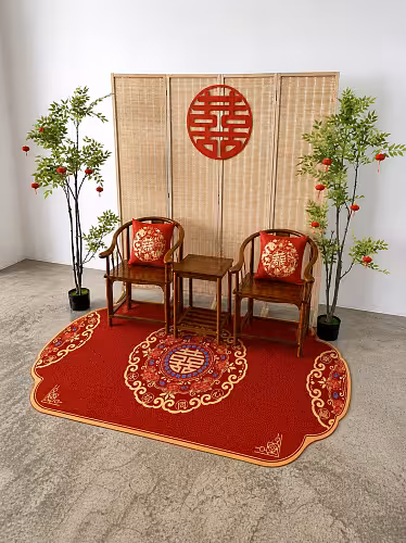 Double Happiness Blessing Floor Carpet styled in a tea ceremony vignette with wooden armchairs, a rattan screen, and mini red lantern trees
