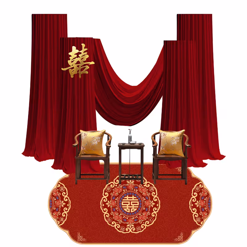 Modern Oriental Draped Tea Ceremony Backdrop Set with red velvet drape, gold double-happiness symbol, wooden chairs, and ornate red rug
