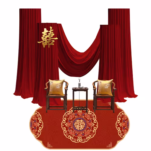 Modern Oriental Draped Tea Ceremony Backdrop Set with red velvet drape, gold double-happiness symbol, wooden chairs, and ornate red rug