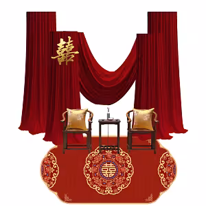 Modern Oriental Draped Tea Ceremony Backdrop Set with red velvet drape, gold double-happiness symbol, wooden chairs, and ornate red rug