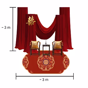 Dimension diagram of Modern Oriental Draped Tea Ceremony Backdrop Set showing approx 3 m height and 3 m width annotations