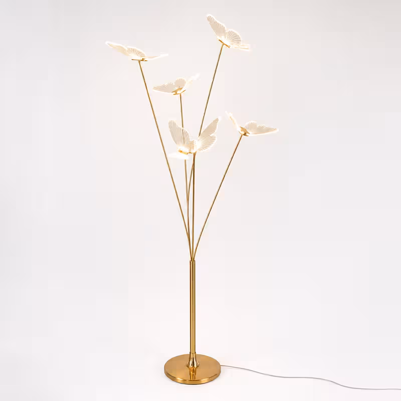 Full-length studio shot of the 5 Head Butterfly LED Wedding Walkway Lights unlit, showing five ribbed acrylic butterflies on splaying gold stems above a flat round brass base