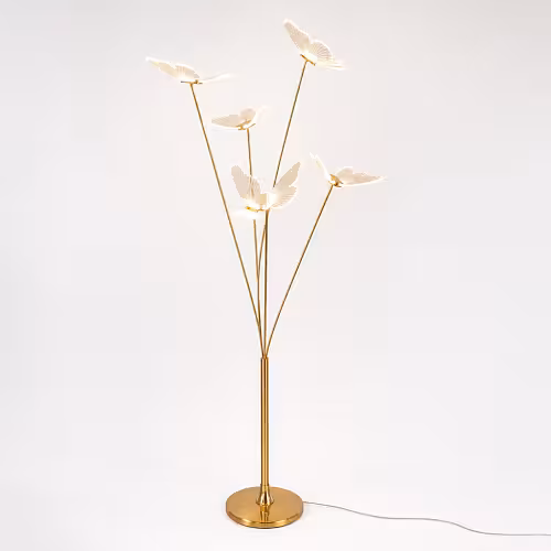 Full-length studio shot of the 5 Head Butterfly LED Wedding Walkway Lights unlit, showing five ribbed acrylic butterflies on splaying gold stems above a flat round brass base