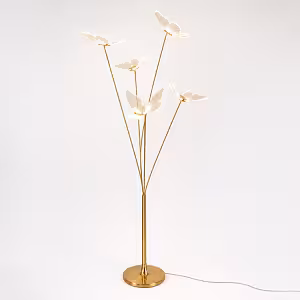 Full-length studio shot of the 5 Head Butterfly LED Wedding Walkway Lights unlit, showing five ribbed acrylic butterflies on splaying gold stems above a flat round brass base