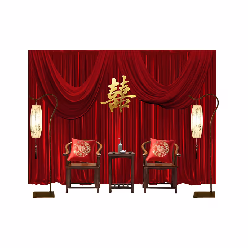 Modern Oriental Backdrop Tea Ceremony Set with draped red velvet curtain, gold double-happiness symbol, dark wood chairs with red embroidered cushions, and tall oriental floor lamps