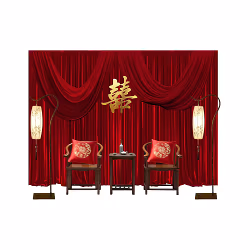 Modern Oriental Backdrop Tea Ceremony Set with draped red velvet curtain, gold double-happiness symbol, dark wood chairs with red embroidered cushions, and tall oriental floor lamps