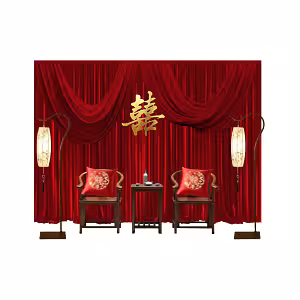 Modern Oriental Backdrop Tea Ceremony Set with draped red velvet curtain, gold double-happiness symbol, dark wood chairs with red embroidered cushions, and tall oriental floor lamps