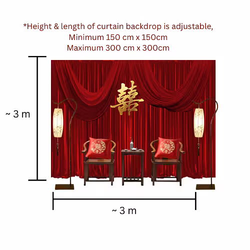 Tea Ceremony Set dimension diagram showing approx 3 m x 3 m adjustable red curtain backdrop with two chairs, small tea table, and floor lamps