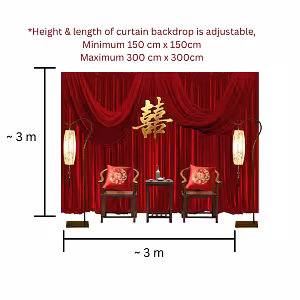 Tea Ceremony Set dimension diagram showing approx 3 m x 3 m adjustable red curtain backdrop with two chairs, small tea table, and floor lamps