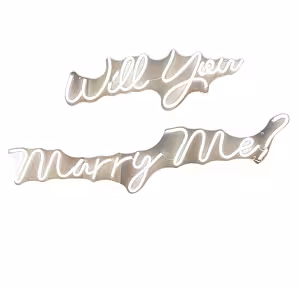 Will You Marry Me neon light signage in two cursive script pieces with warm white LED tubing on a mirrored acrylic backing