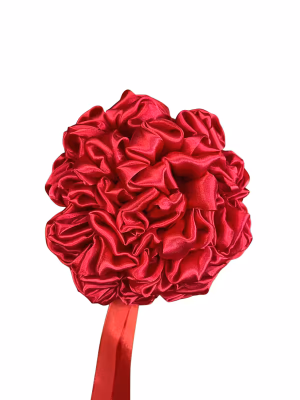 Red Flower Ball Satin Ribbon in deep red, featuring a lush ruffled satin sphere with a trailing flat ribbon handle