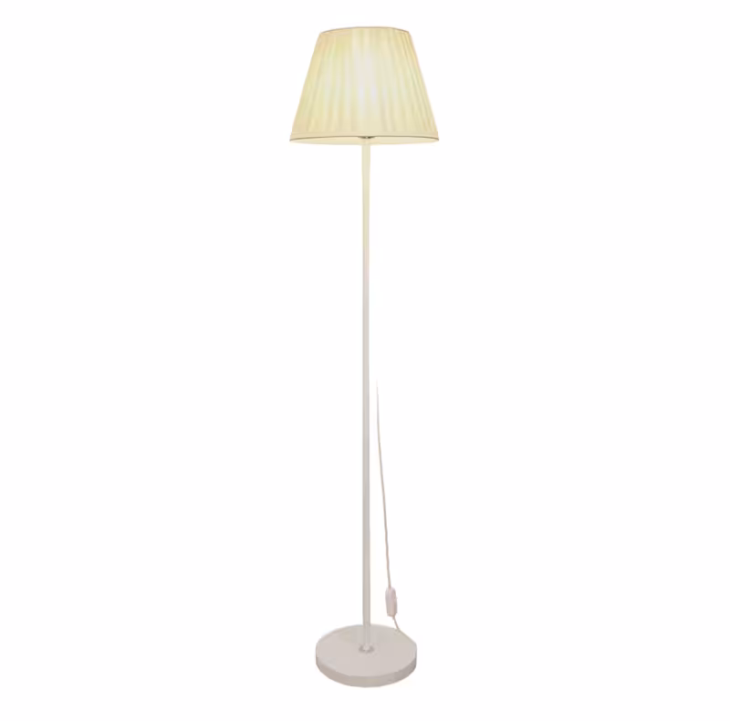 White Pleated Fabric Floor Lamp with a conical cream pleated shade, slim metal pole, and round flat base