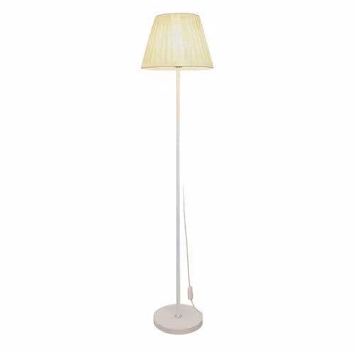 White Pleated Fabric Floor Lamp with a conical cream pleated shade, slim metal pole, and round flat base