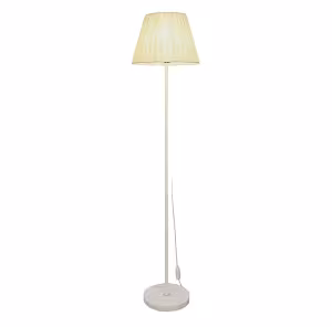 White Pleated Fabric Floor Lamp with a conical cream pleated shade, slim metal pole, and round flat base