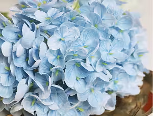 Close-up of a light blue Artificial Moisture Real Touch Hydrangea bloom showing delicate veined petals and tiny lime green centre buds