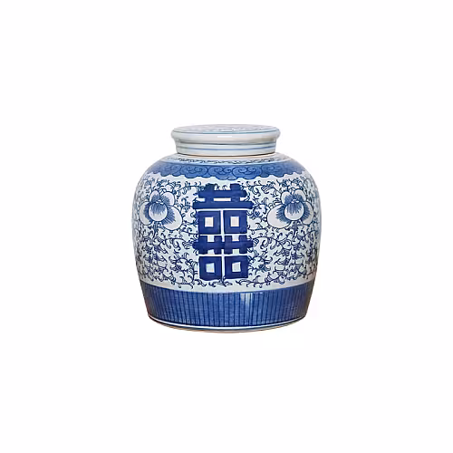 Antique Chinese Blue and White Porcelain Double Happiness Jar