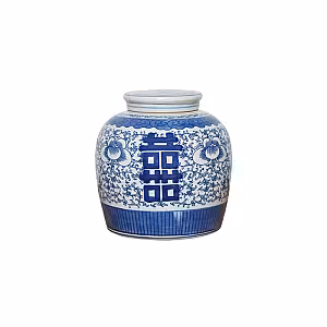 Antique Chinese Blue and White Porcelain Double Happiness Jar