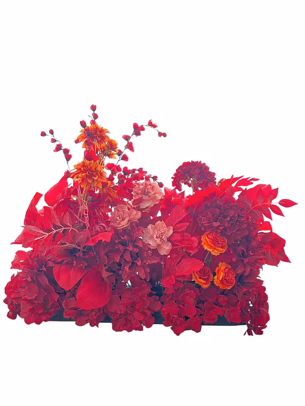 Ruby Red Artificial Floor Flower arrangement with deep red hydrangeas, orange roses, blush carnations, berry stems and red foliage