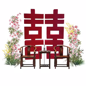 Grand Double Happiness 囍 Set D with oversized red 囍 backdrop, dark wood Ming-style chairs, side table, and pink floral arrangements