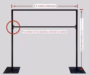 Diagram of black metal curtain arch stand with red arrows showing 2–4 m telescopic width and 1.5–3 m height, circled adjustable crossbar detail