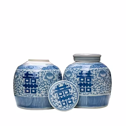 Antique Chinese Blue and White Porcelain Double Happiness Jar