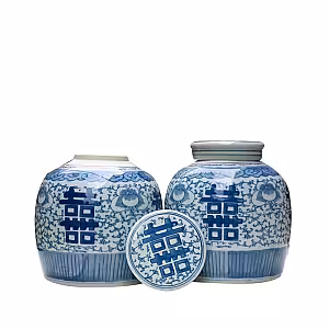 Antique Chinese Blue and White Porcelain Double Happiness Jar