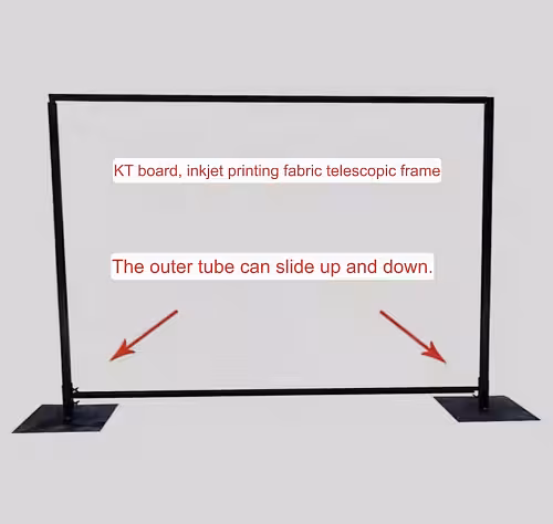 Black metal curtain arch stand diagram with red arrows pointing to sliding outer tubes at each square flat base, noting telescopic height adjustment