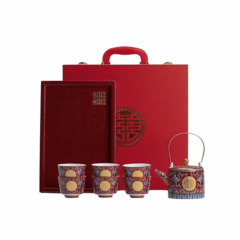 Elegant Chinese Wedding Ceramic 6pcs Tea Cup Pot Set with Suitcase
