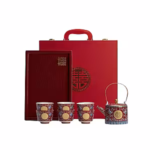 Elegant Chinese Wedding Ceramic 6pcs Tea Cup Pot Set with Suitcase